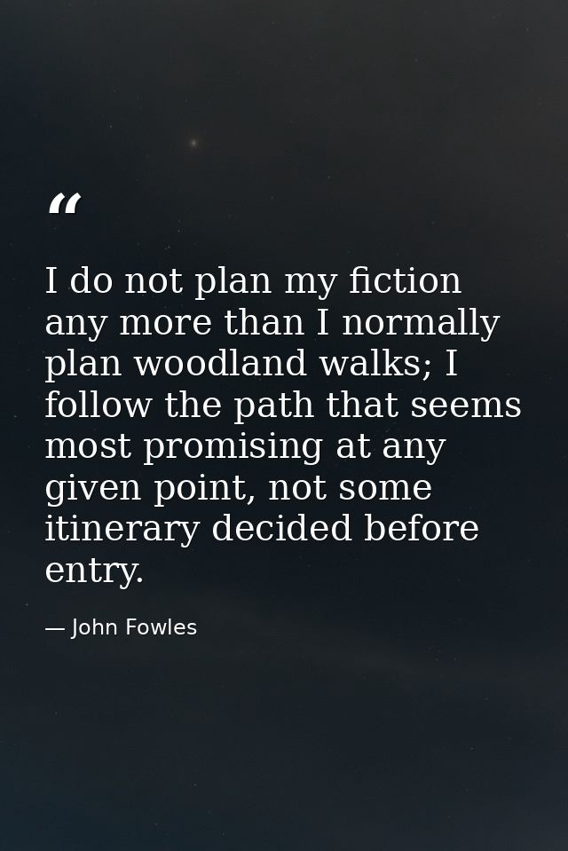 I do not plan my fiction any more than I normally plan woodland walks; I follow the path that seems most promising at an — John Fowles