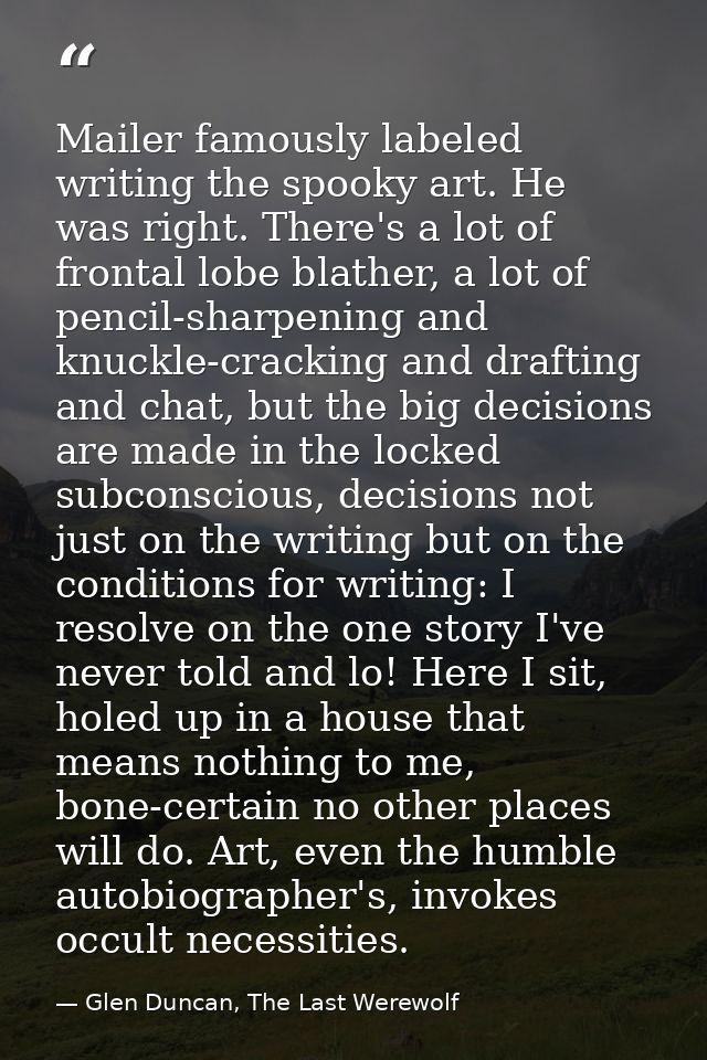 Mailer famously labeled writing the spooky art. He was right. There's a lot of frontal lobe blather, a lot of pencil-sha — Glen Duncan, The Last Werewolf