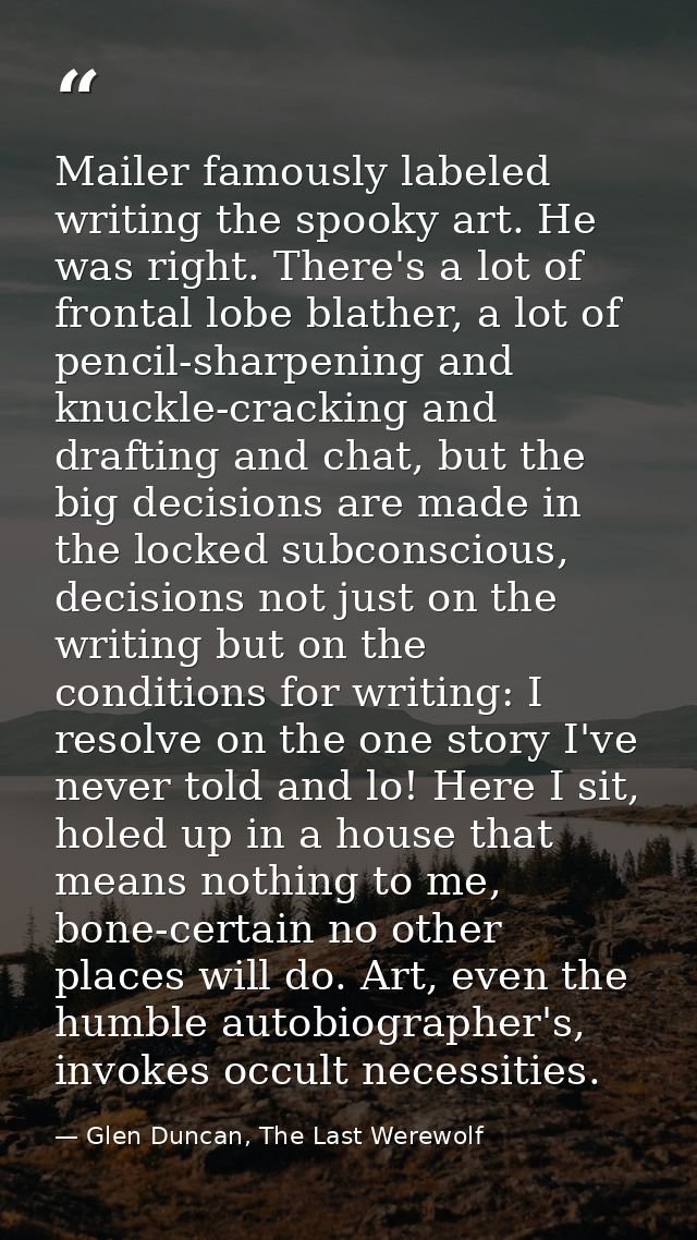 Mailer famously labeled writing the spooky art. He was right. There's a lot of frontal lobe blather, a lot of pencil-sha — Glen Duncan, The Last Werewolf