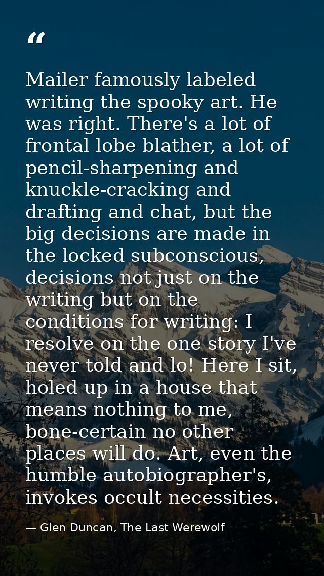 Mailer famously labeled writing the spooky art. He was right. There's a lot of frontal lobe blather, a lot of pencil-sha — Glen Duncan, The Last Werewolf