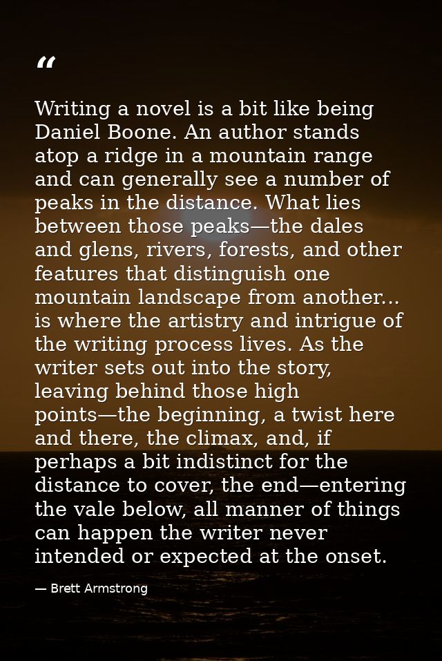 Writing a novel is a bit like being Daniel Boone. An author stands atop a ridge in a mountain range and can generally se — Brett Armstrong