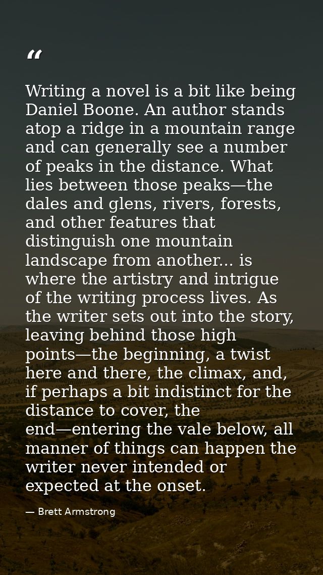 Writing a novel is a bit like being Daniel Boone. An author stands atop a ridge in a mountain range and can generally se — Brett Armstrong