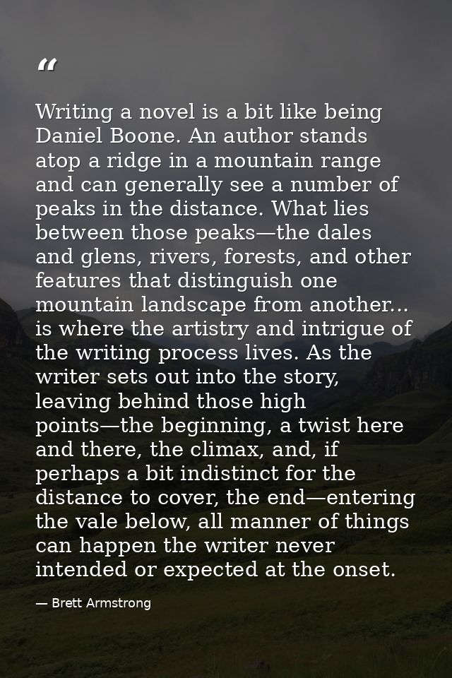 Writing a novel is a bit like being Daniel Boone. An author stands atop a ridge in a mountain range and can generally se — Brett Armstrong