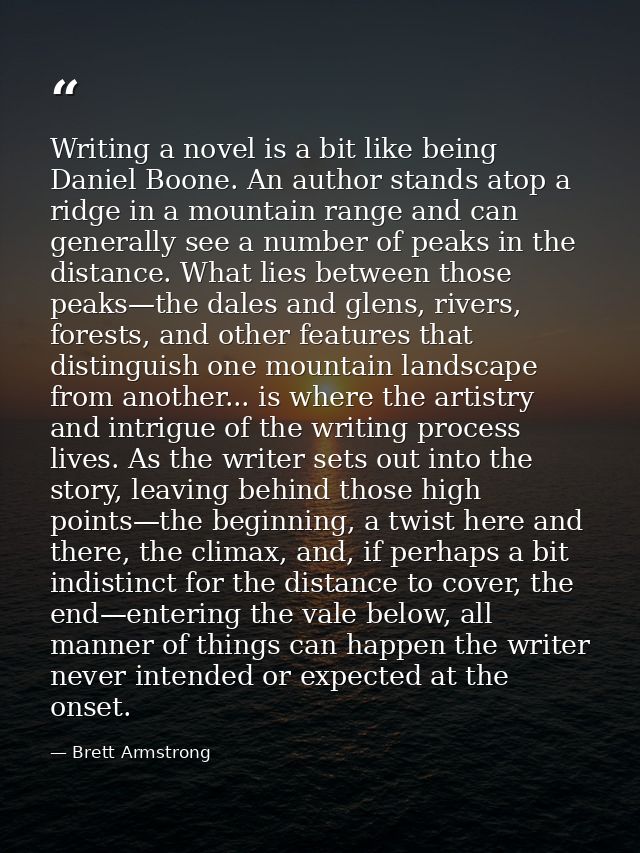 Writing a novel is a bit like being Daniel Boone. An author stands atop a ridge in a mountain range and can generally se — Brett Armstrong