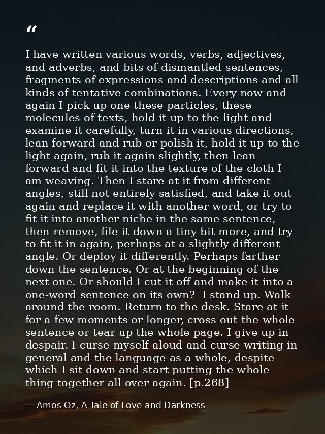 I have written various words, verbs, adjectives, and adverbs, and bits of dismantled sentences, fragments of expressions — Amos Oz, A Tale of Love and Darkness