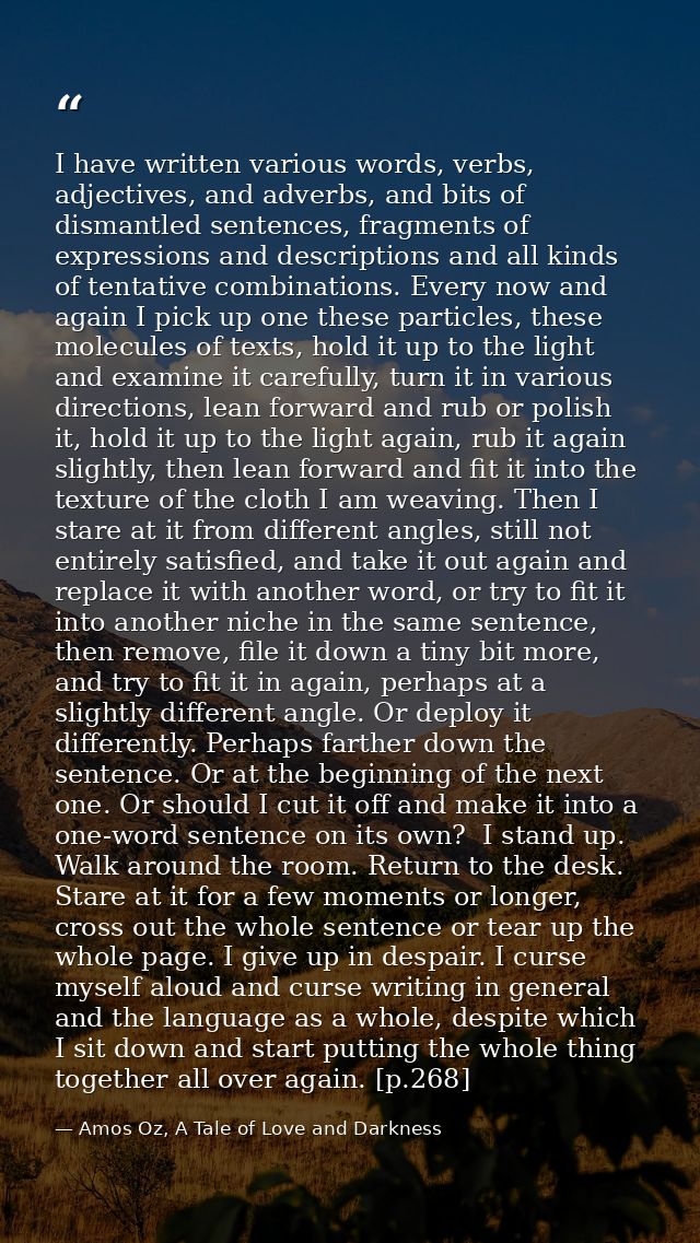 I have written various words, verbs, adjectives, and adverbs, and bits of dismantled sentences, fragments of expressions — Amos Oz, A Tale of Love and Darkness