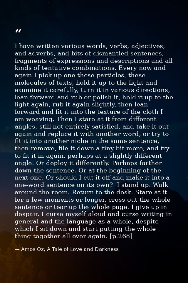 I have written various words, verbs, adjectives, and adverbs, and bits of dismantled sentences, fragments of expressions — Amos Oz, A Tale of Love and Darkness