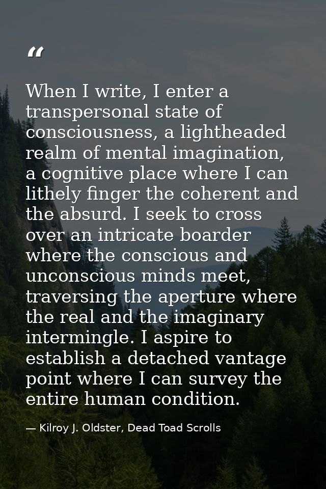 When I write, I enter a transpersonal state of consciousness, a lightheaded realm of mental imagination, a cognitive pla — Kilroy J. Oldster, Dead Toad Scrolls