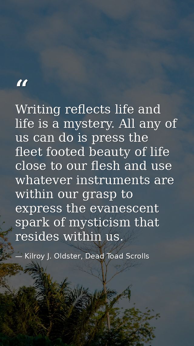Writing reflects life and life is a mystery. All any of us can do is press the fleet footed beauty of life close to our  — Kilroy J. Oldster, Dead Toad Scrolls