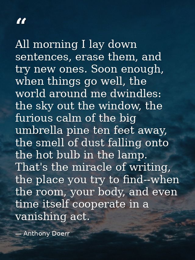 All morning I lay down sentences, erase them, and try new ones. Soon enough, when things go well, the world around me dw — Anthony Doerr