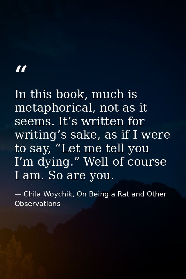 In this book, much is metaphorical, not as it seems. It’s written for writing’s sake, as if I were to say, “Let me tell  — Chila Woychik, On Being a Rat and Other Observations