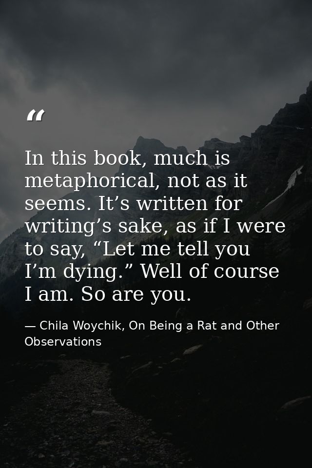 In this book, much is metaphorical, not as it seems. It’s written for writing’s sake, as if I were to say, “Let me tell  — Chila Woychik, On Being a Rat and Other Observations