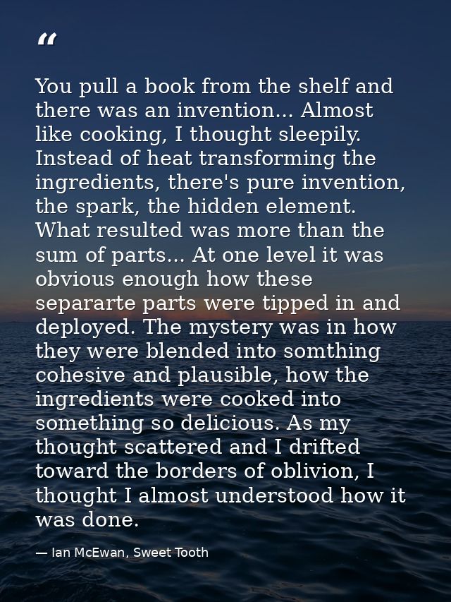 You pull a book from the shelf and there was an invention... Almost like cooking, I thought sleepily. Instead of heat tr — Ian McEwan, Sweet Tooth