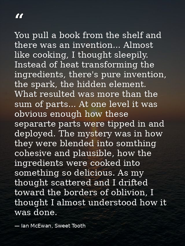 You pull a book from the shelf and there was an invention... Almost like cooking, I thought sleepily. Instead of heat tr — Ian McEwan, Sweet Tooth