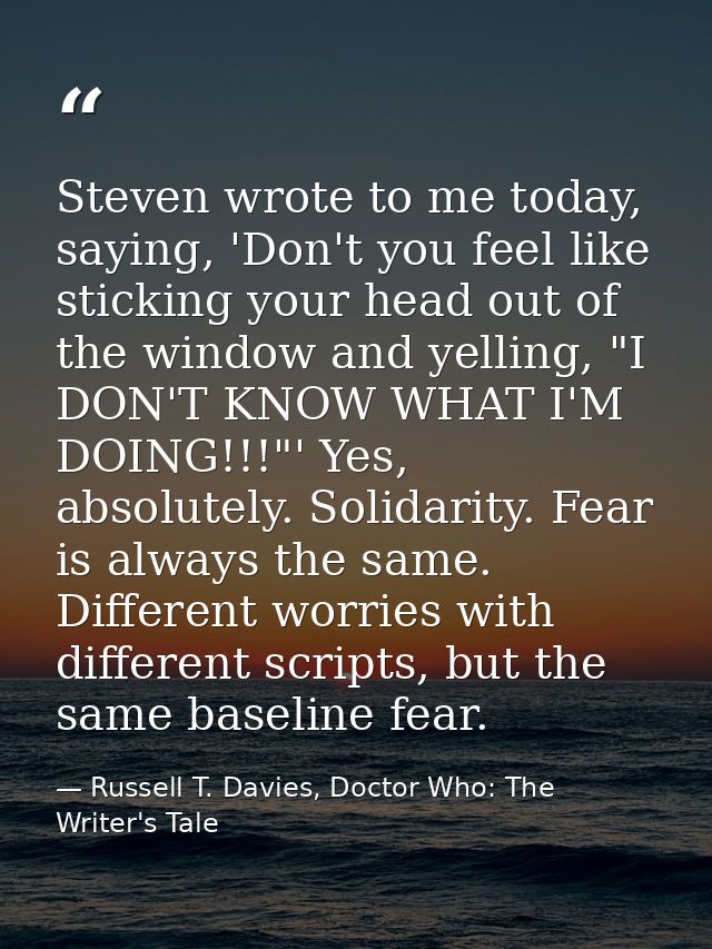 Steven wrote to me today, saying, 'Don't you feel like sticking your head out of the window and yelling, "I DON'T KNOW W — Russell T. Davies, Doctor Who: The Writer's Tale