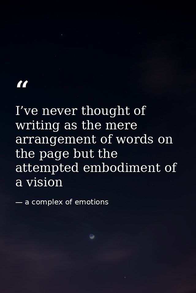 I’ve never thought of writing as the mere arrangement of words on the page but the attempted embodiment of a vision — a complex of emotions