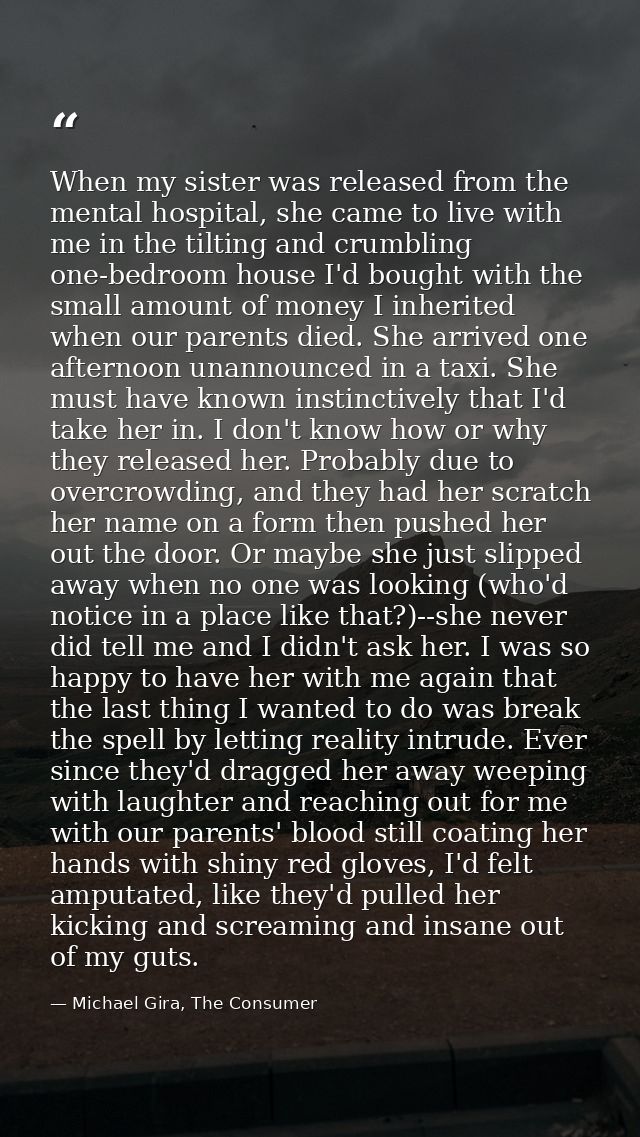 When my sister was released from the mental hospital, she came to live with me in the tilting and crumbling one-bedroom  — Michael Gira, The Consumer