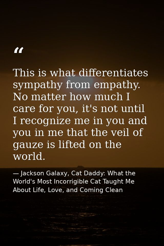 This is what differentiates sympathy from empathy. No matter how much I care for you, it's not until I recognize me in y — Jackson Galaxy, Cat Daddy: What the World's Most Incorrigible Cat Taught Me About Life, Love, and Coming Clean