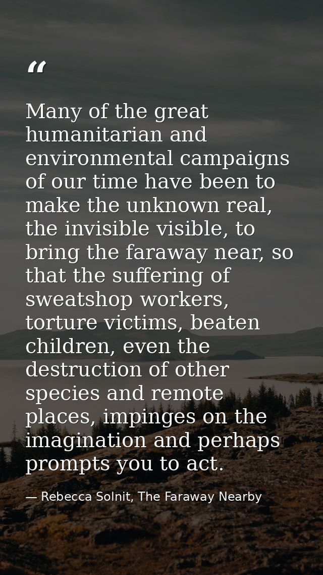 Many of the great humanitarian and environmental campaigns of our time have been to make the unknown real, the invisible — Rebecca Solnit, The Faraway Nearby