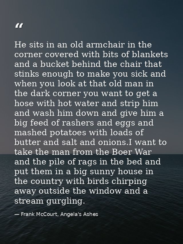He sits in an old armchair in the corner covered with bits of blankets and a bucket behind the chair that stinks enough  — Frank McCourt, Angela's Ashes