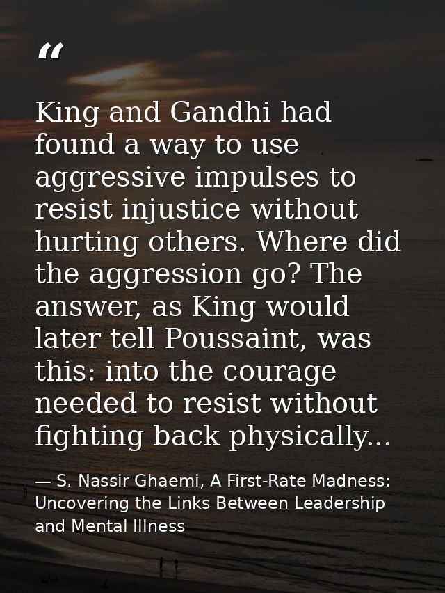 King and Gandhi had found a way to use aggressive impulses to resist injustice without hurting others. Where did the agg — S. Nassir Ghaemi, A First-Rate Madness: Uncovering the Links Between Leadership and Mental Illness