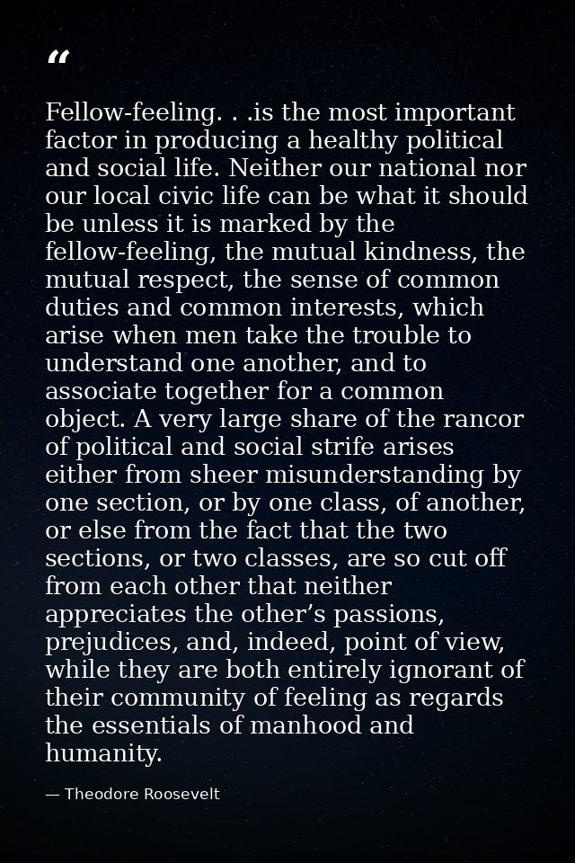 Fellow-feeling. . .is the most important factor in producing a healthy political and social life. Neither our national n — Theodore Roosevelt