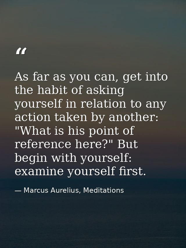 As far as you can, get into the habit of asking yourself in relation to any action taken by another: "What is his point  — Marcus Aurelius, Meditations