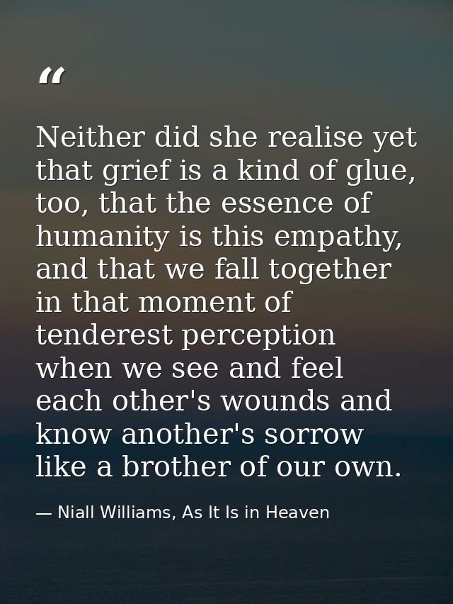 Neither did she realise yet that grief is a kind of glue, too, that the essence of humanity is this empathy, and that we — Niall Williams, As It Is in Heaven