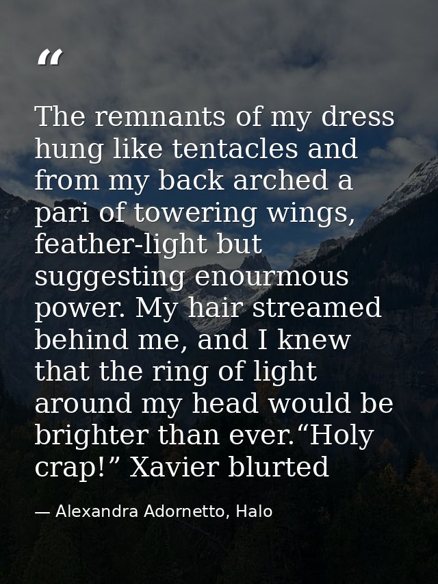 The remnants of my dress hung like tentacles and from my back arched a pari of towering wings, feather-light but suggest — Alexandra Adornetto, Halo