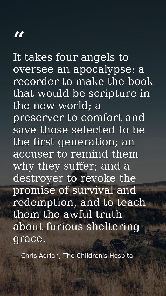 It takes four angels to oversee an apocalypse: a recorder to make the book that would be scripture in the new world; a p — Chris Adrian, The Children's Hospital