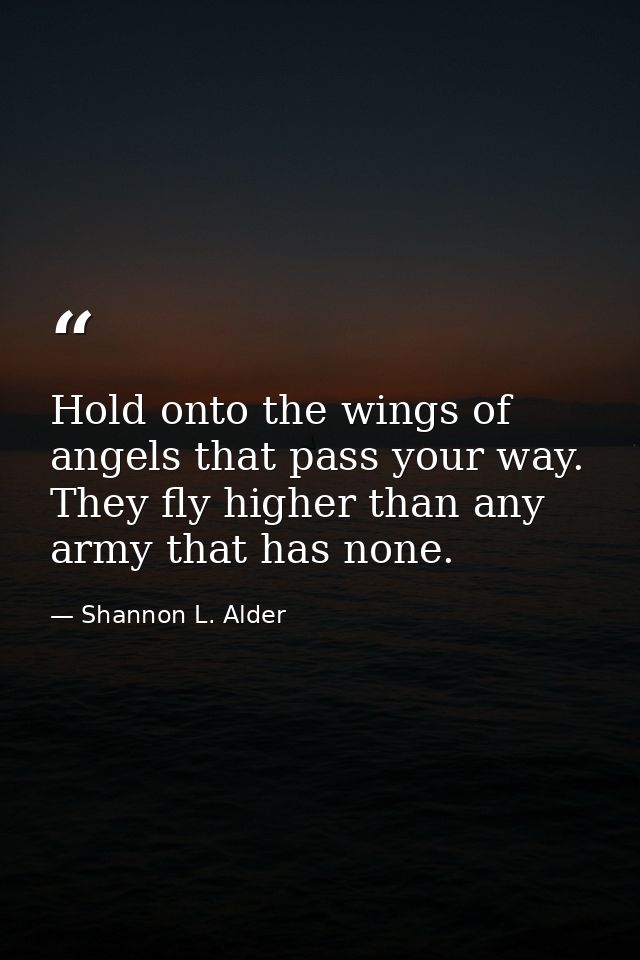 Hold onto the wings of angels that pass your way. They fly higher than any army that has none. — Shannon L. Alder