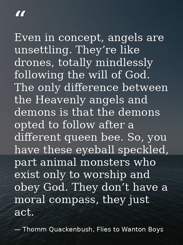 Even in concept, angels are unsettling. They’re like drones, totally mindlessly following the will of God. The only diff — Thomm Quackenbush, Flies to Wanton Boys