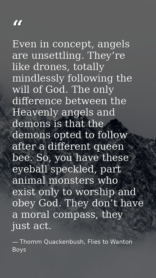 Even in concept, angels are unsettling. They’re like drones, totally mindlessly following the will of God. The only diff — Thomm Quackenbush, Flies to Wanton Boys