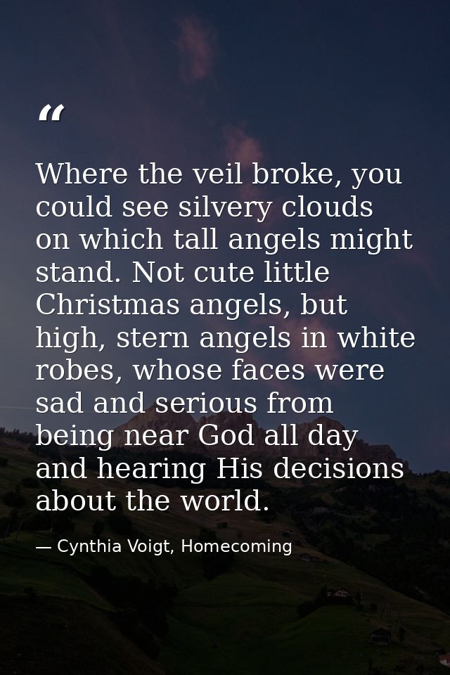 Where the veil broke, you could see silvery clouds on which tall angels might stand. Not cute little Christmas angels, b — Cynthia Voigt, Homecoming