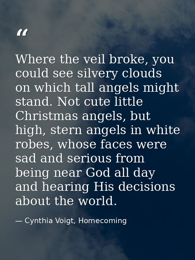 Where the veil broke, you could see silvery clouds on which tall angels might stand. Not cute little Christmas angels, b — Cynthia Voigt, Homecoming