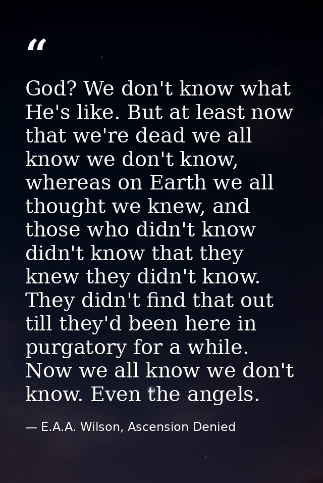 God? We don't know what He's like. But at least now that we're dead we all know we don't know, whereas on Earth we all t — E.A.A. Wilson, Ascension Denied