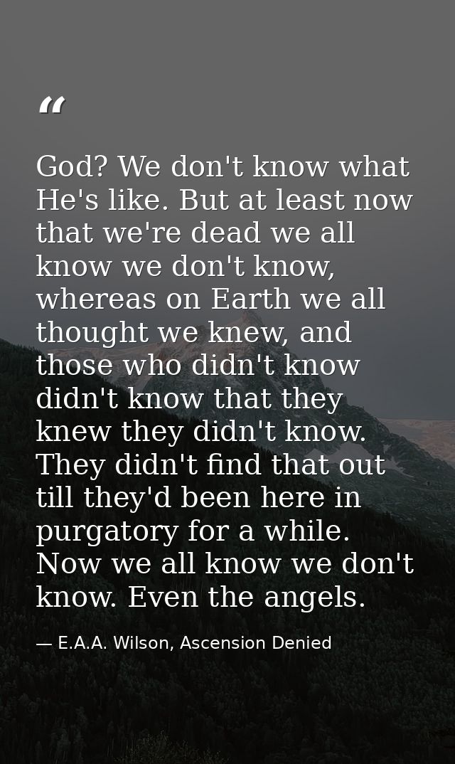 God? We don't know what He's like. But at least now that we're dead we all know we don't know, whereas on Earth we all t — E.A.A. Wilson, Ascension Denied