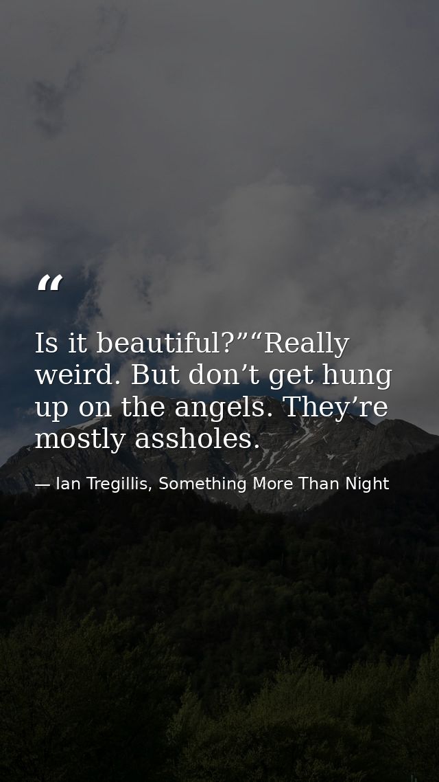 Is it beautiful?”“Really weird. But don’t get hung up on the angels. They’re mostly assholes. — Ian Tregillis, Something More Than Night
