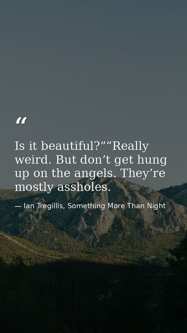 Is it beautiful?”“Really weird. But don’t get hung up on the angels. They’re mostly assholes. — Ian Tregillis, Something More Than Night