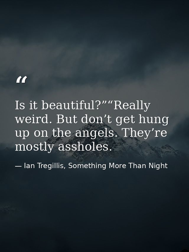 Is it beautiful?”“Really weird. But don’t get hung up on the angels. They’re mostly assholes. — Ian Tregillis, Something More Than Night