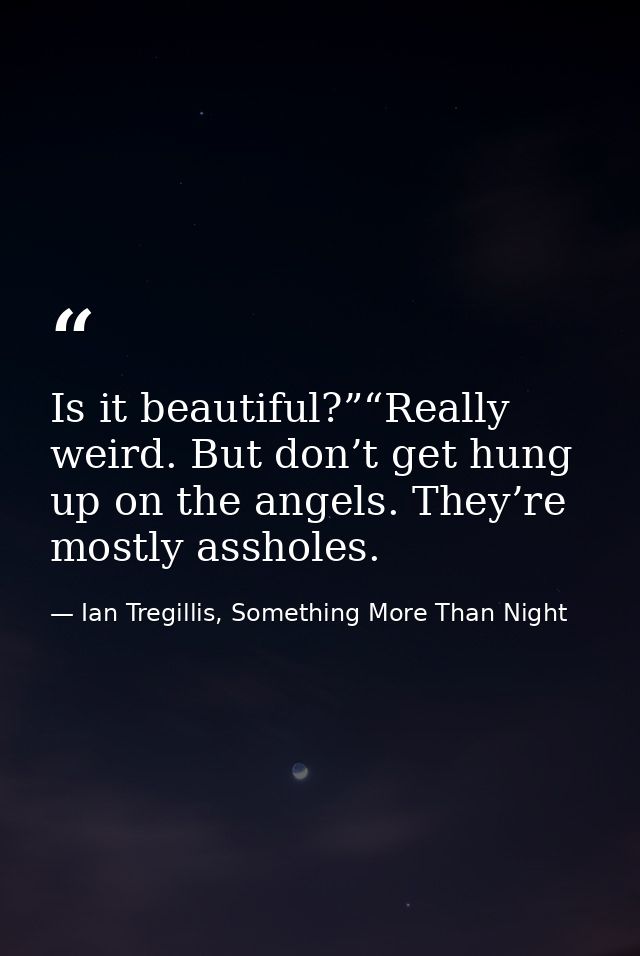 Is it beautiful?”“Really weird. But don’t get hung up on the angels. They’re mostly assholes. — Ian Tregillis, Something More Than Night