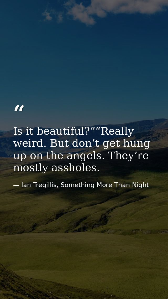 Is it beautiful?”“Really weird. But don’t get hung up on the angels. They’re mostly assholes. — Ian Tregillis, Something More Than Night
