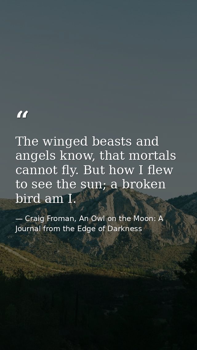 The winged beasts and angels know, that mortals cannot fly. But how I flew to see the sun; a broken bird am I. — Craig Froman, An Owl on the Moon: A Journal from the Edge of Darkness