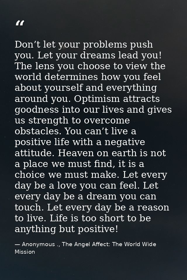 Don’t let your problems push you. Let your dreams lead you! The lens you choose to view the world determines how you fee — Anonymous ., The Angel Affect: The World Wide Mission