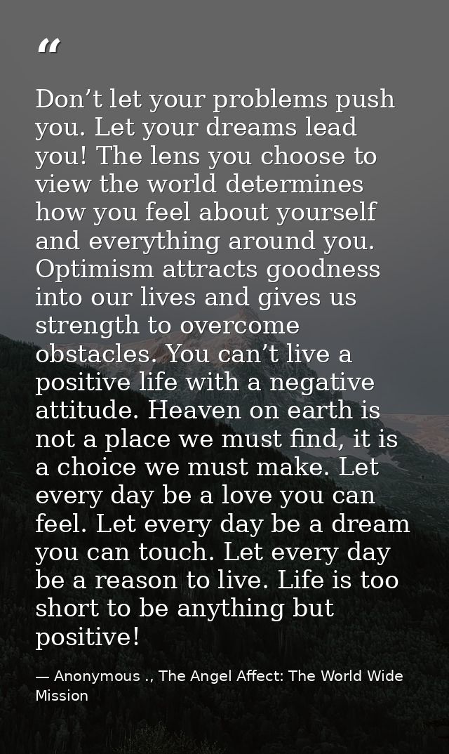 Don’t let your problems push you. Let your dreams lead you! The lens you choose to view the world determines how you fee — Anonymous ., The Angel Affect: The World Wide Mission
