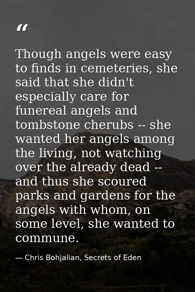 Though angels were easy to finds in cemeteries, she said that she didn't especially care for funereal angels and tombsto — Chris Bohjalian, Secrets of Eden