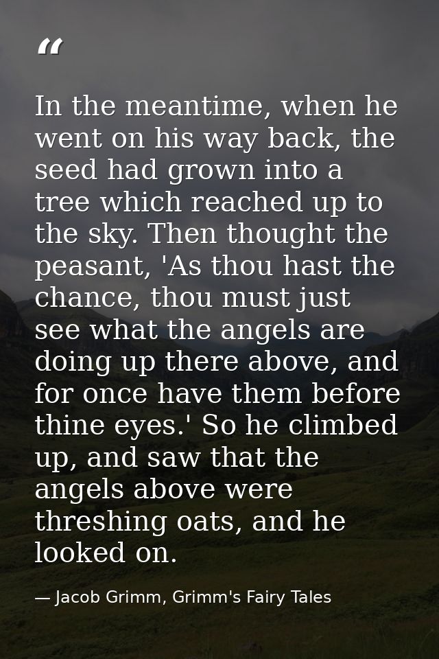 In the meantime, when he went on his way back, the seed had grown into a tree which reached up to the sky. Then thought  — Jacob Grimm, Grimm's Fairy Tales