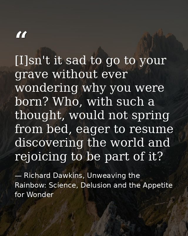 [I]sn't it sad to go to your grave without ever wondering why you were born? Who, with such a thought, would not spring  — Richard Dawkins, Unweaving the Rainbow: Science, Delusion and the Appetite for Wonder
