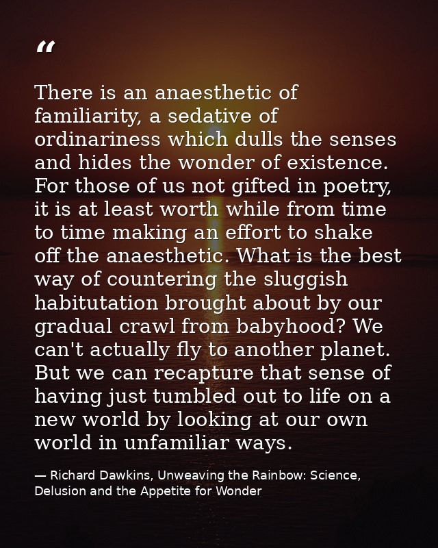 There is an anaesthetic of familiarity, a sedative of ordinariness which dulls the senses and hides the wonder of existe — Richard Dawkins, Unweaving the Rainbow: Science, Delusion and the Appetite for Wonder