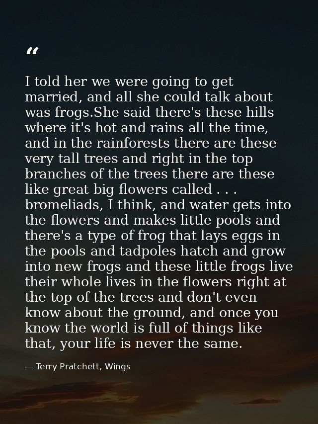 I told her we were going to get married, and all she could talk about was frogs.She said there's these hills where it's  — Terry Pratchett, Wings